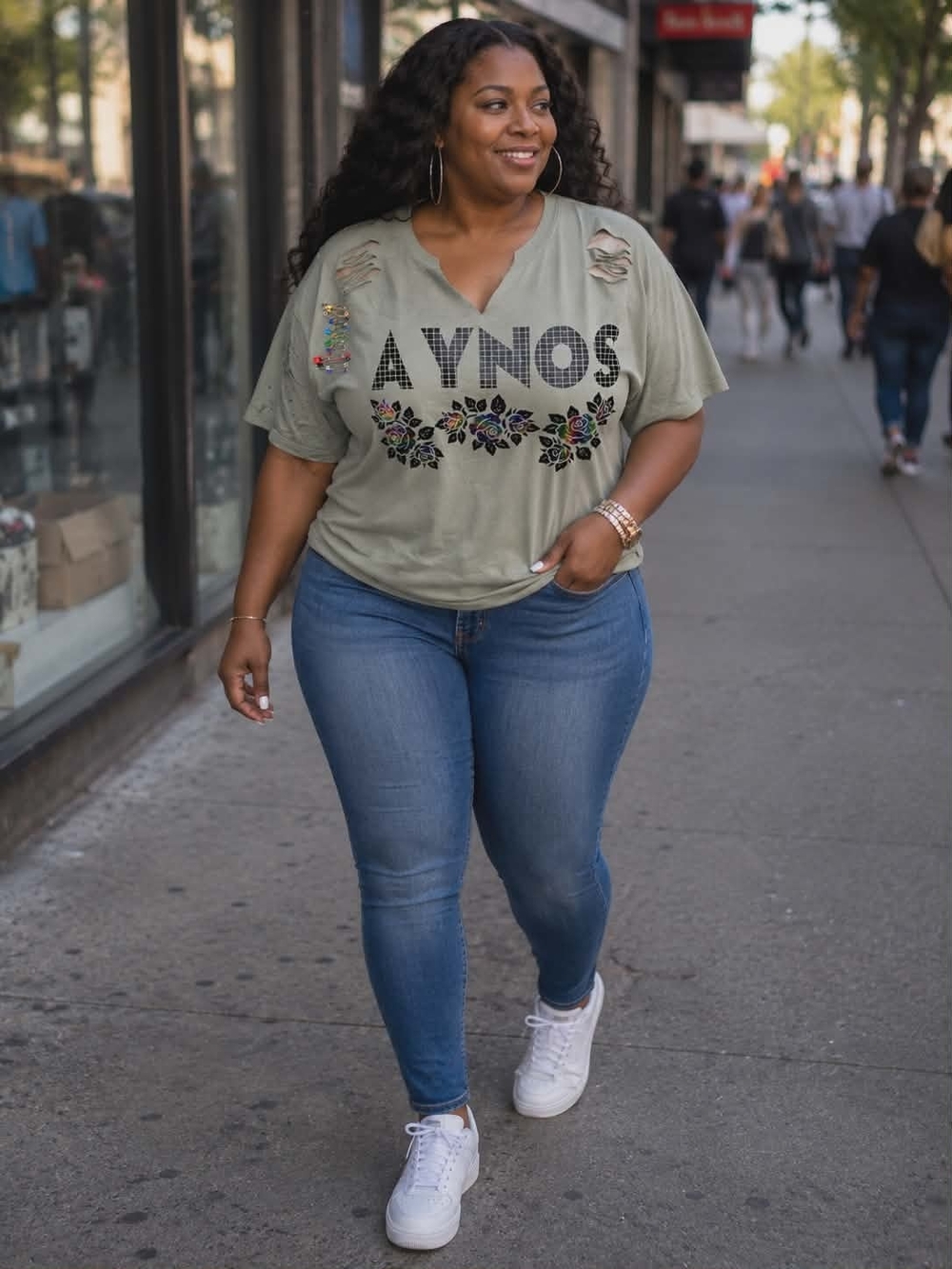 Plus Size Olive Graphic Tee with Floral Appliqué